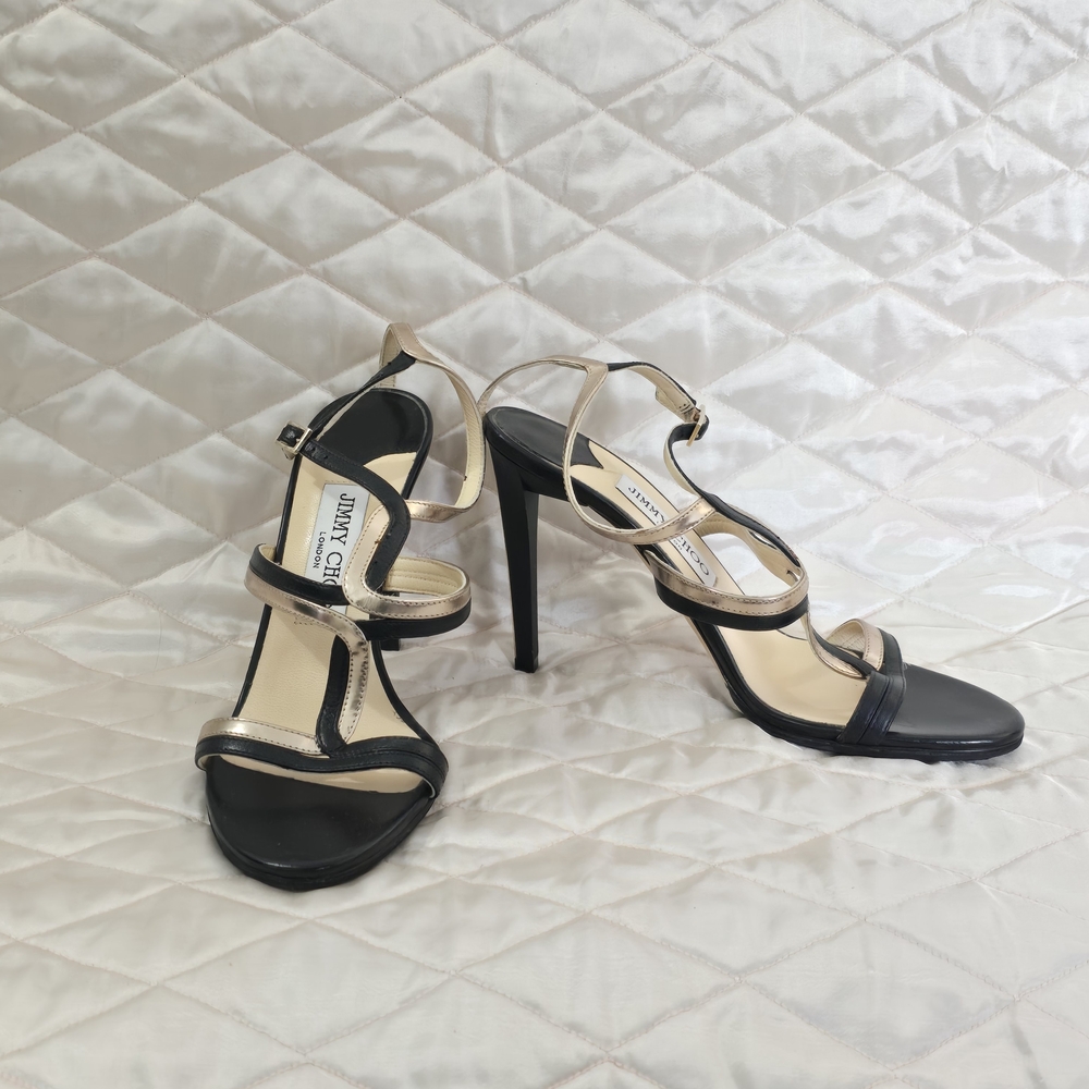 Jimmy Choo Black and Gold Strappy Stiletto Sandals
